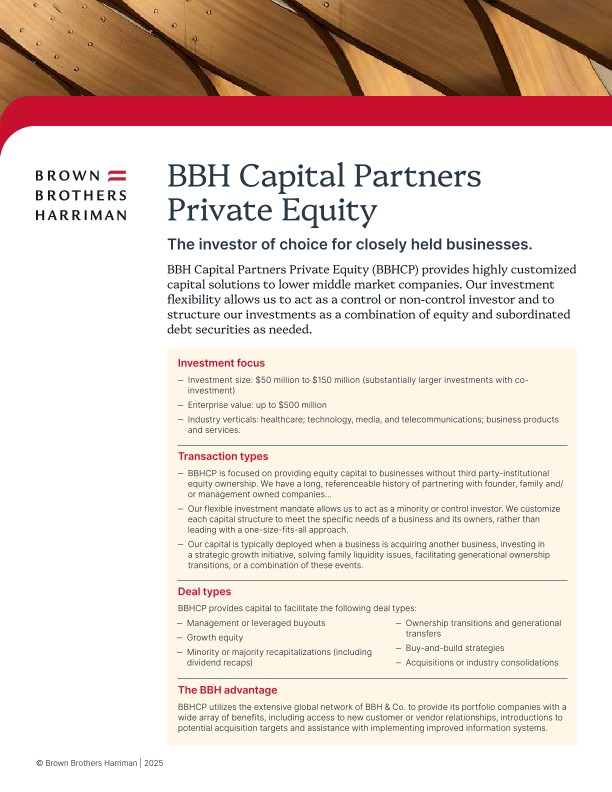 BBH Capital Partners Private Equity tear sheet