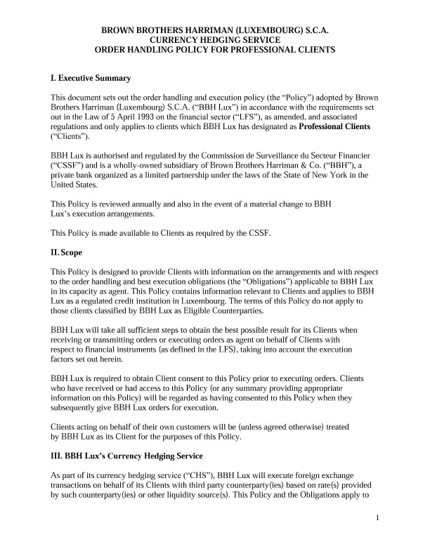 CURRENCY HEDGING SERVICE ORDER HANDLING POLICY FOR PROFESSIONAL CLIENTS