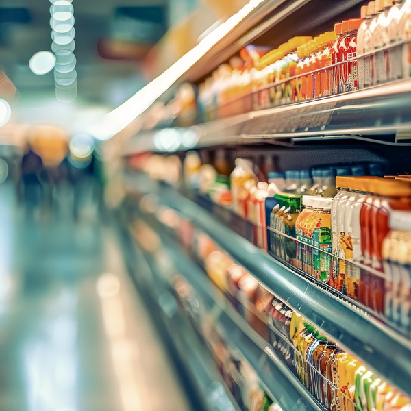 Supermarket aisle filled with rows of packaged goods blurred shoppers in the background