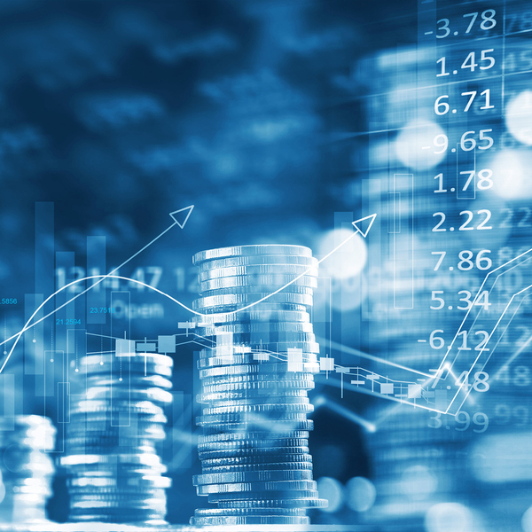 Investment graph and rows growth of coins on display of market quotes