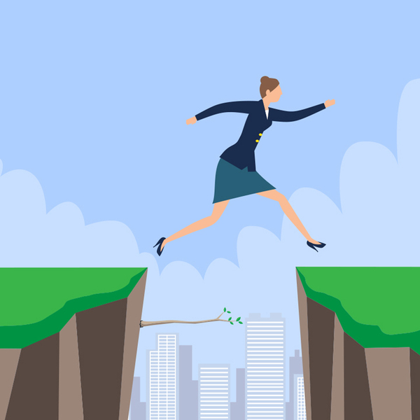 Illustration of a business woman jumping over a gap