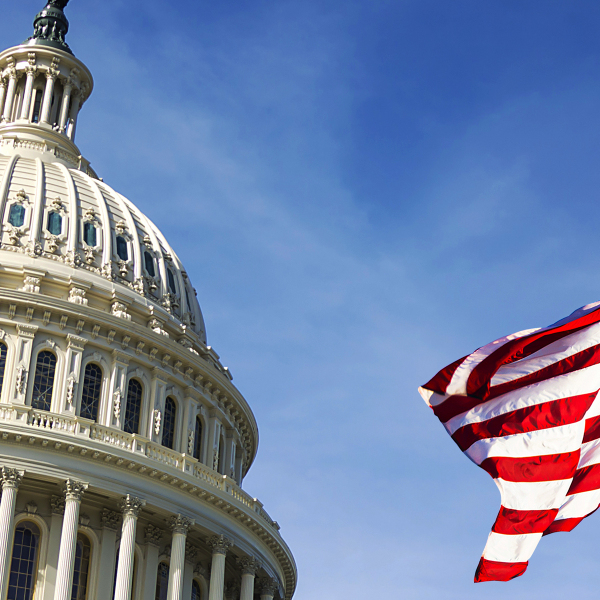 American flag waving with the Capitol Hill in the background