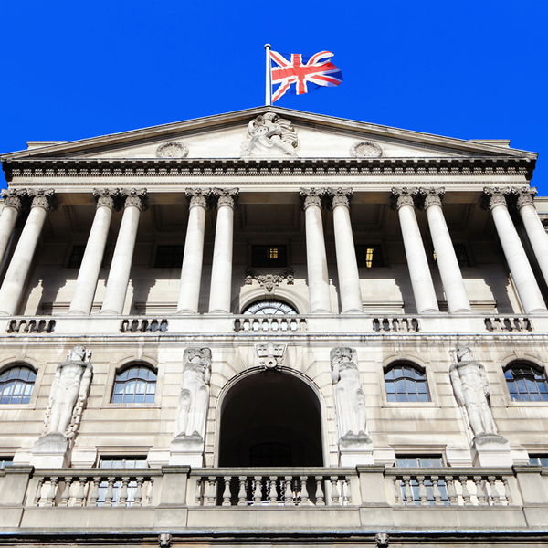 Bank of England with UK flag, The historical building in London, UK