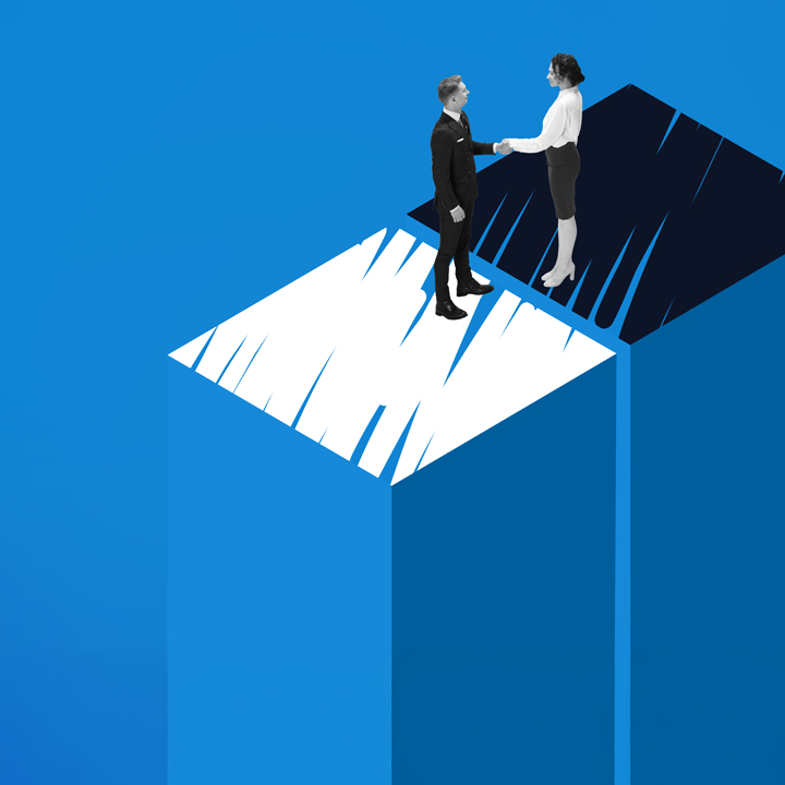 Office workers, shaking hands standing on different columns jointing their forces for business development. 