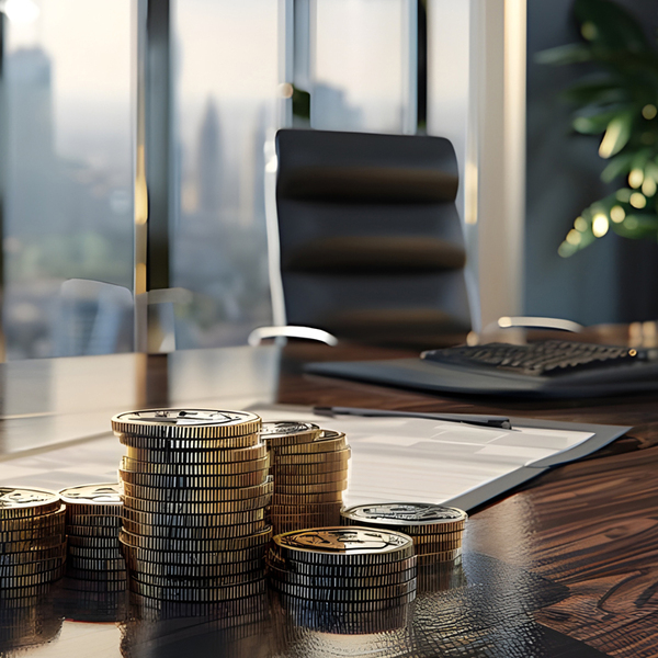 Stacks of gold coins on a desk in a modern office with cityscape view