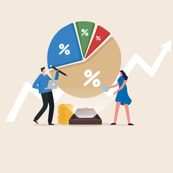 Male and female characters reviewing an investment portfolio. 