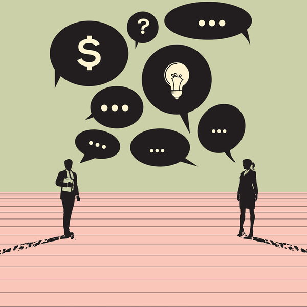 Two talking business people with discussion message bubbles in minimalistic vintage style. Concept of communication.