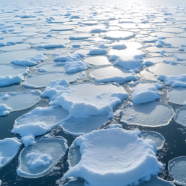 Aerial view of ice floes on the water surface in winter season
