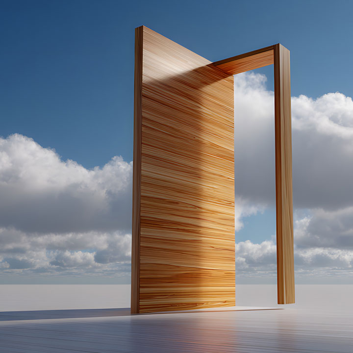 Open wooden door in a vast horizon under a cloudy blue sky
