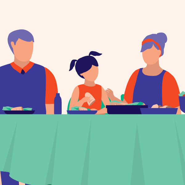 Illustration of family eating dinner at the table.