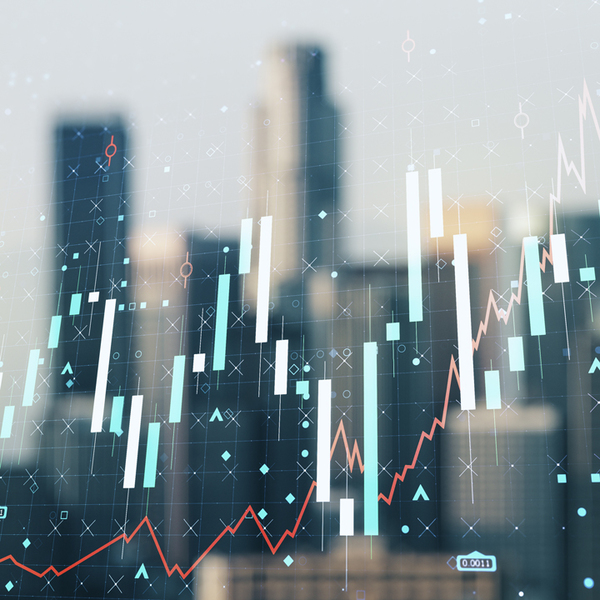 Multi exposure of abstract virtual financial graph hologram on blurry skyline background, forex and investment concept