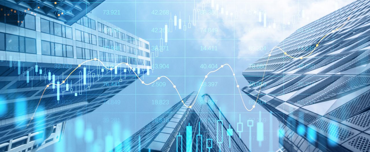 Creative glowing big data forex candlestick chart on blurry city background