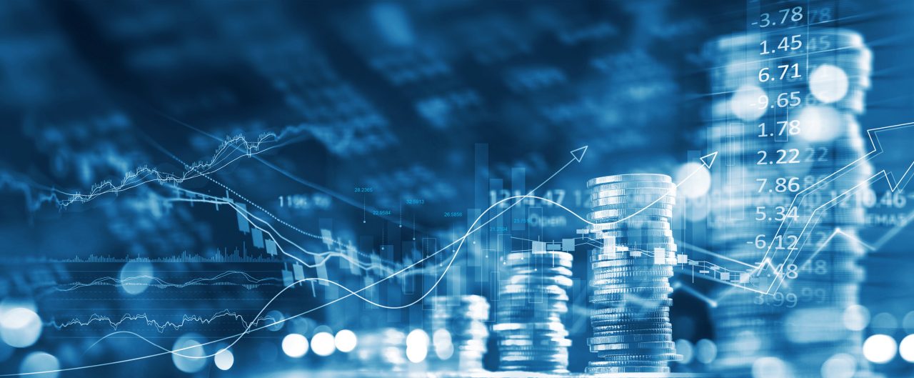  Investment graph and rows growth of coins on display of market quotes