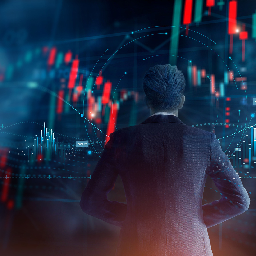 Investor, businessman analysing stock market indicators