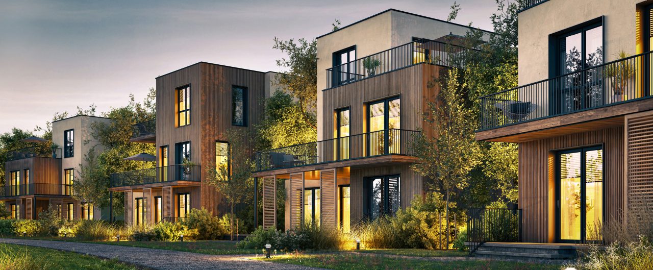 Evening view of the beautiful houses of modern architecture